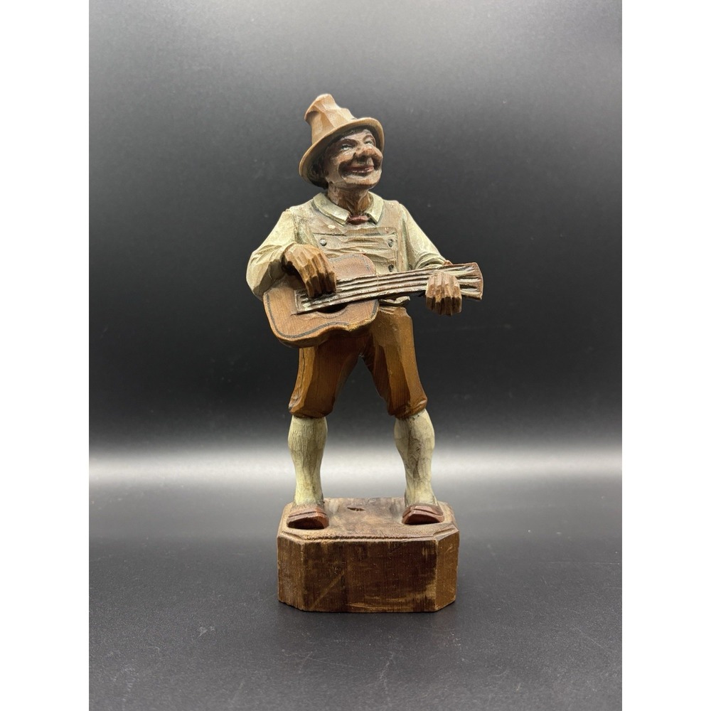 Vintage Hand-Carved ANRI Wooden Musician Figurine – Man Playing Guitar